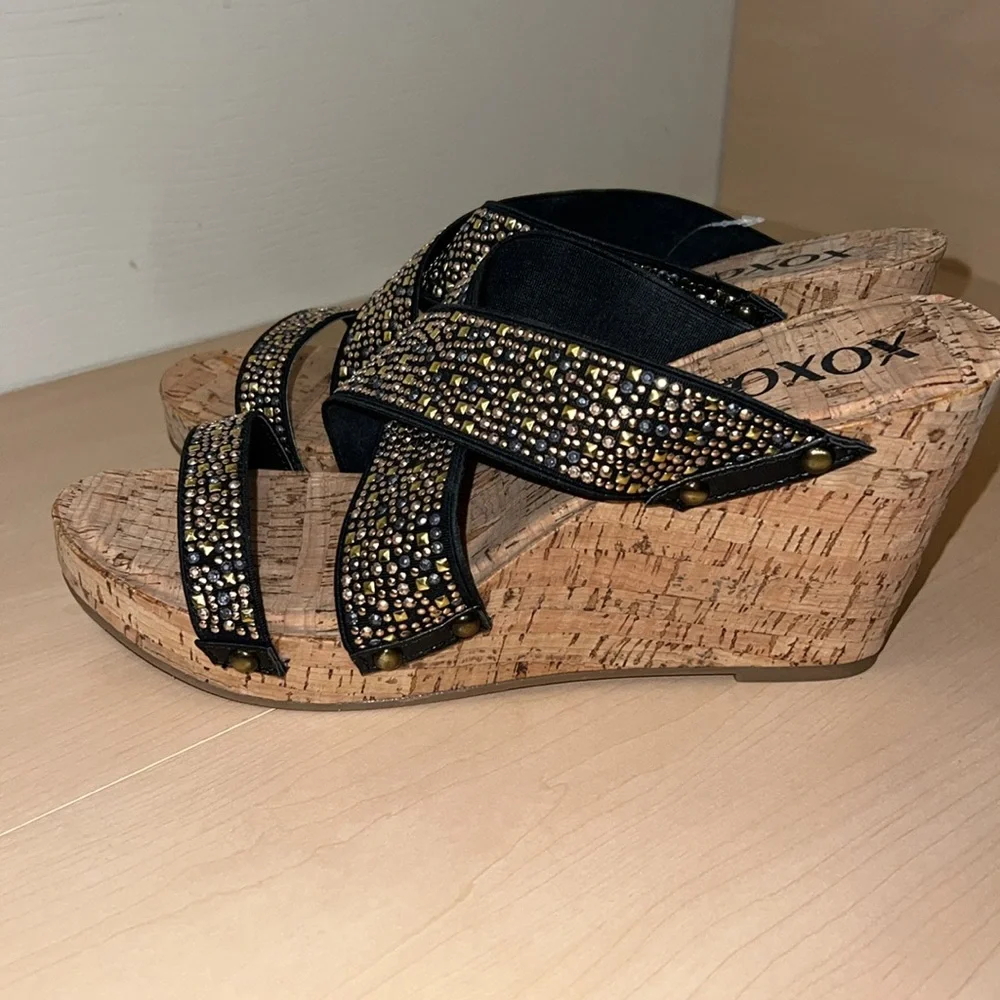 XOXO Black Gold Stud Strap Cork Wedge Slide Sandals NWOT